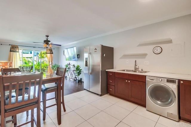 8036 Linda Vista Rd Unit 1F, San Diego, CA 92111 - kitchen with washer / dryer, stainless steel refrigerator with ice dispenser, ceiling fan, open shelves, and light countertops