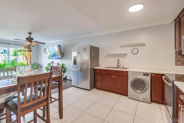 8036 Linda Vista Rd Unit 1F, San Diego, CA 92111 - kitchen featuring washer / clothes dryer, appliances with stainless steel finishes, light countertops, a ceiling fan, and light tile patterned floors