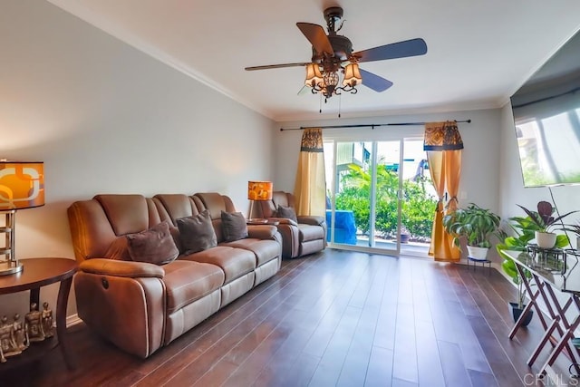 8036 Linda Vista Rd Unit 1F, San Diego, CA 92111 - living room with a ceiling fan, ornamental molding, and dark wood-style floors
