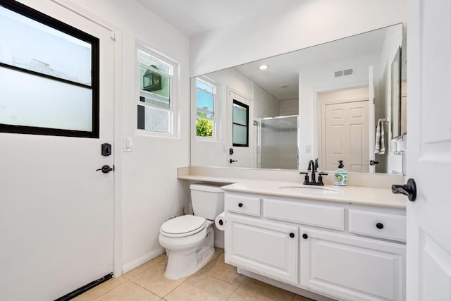 4926 Colusa Dr, Oceanside, CA 92056 - bathroom with a stall shower, vanity, tile patterned flooring, and recessed lighting