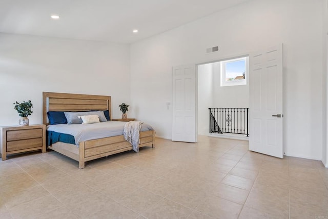 4926 Colusa Dr, Oceanside, CA 92056 - bedroom with light tile patterned flooring, recessed lighting, and a towering ceiling