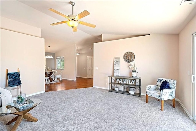 448 Grove Ln, Nipomo, CA 93444 - living area featuring carpet, ceiling fan, vaulted ceiling, and a chandelier