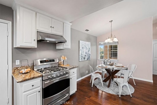 448 Grove Ln, Nipomo, CA 93444 - kitchen with stainless steel gas stove, extractor fan, dark wood-style flooring, white cabinetry, and vaulted ceiling