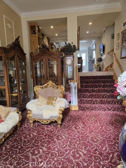 11 Chandon, Newport Coast, CA 92657 - living area with stairs, ornamental molding, and carpet