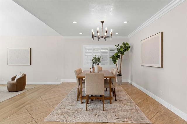 16186 Mount Gist Cir, Fountain Valley, CA 92708 - dining space featuring a chandelier, crown molding, recessed lighting, and light tile patterned floors