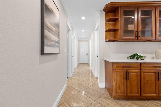 16186 Mount Gist Cir, Fountain Valley, CA 92708 - hallway with ornamental molding, light tile patterned flooring, and recessed lighting