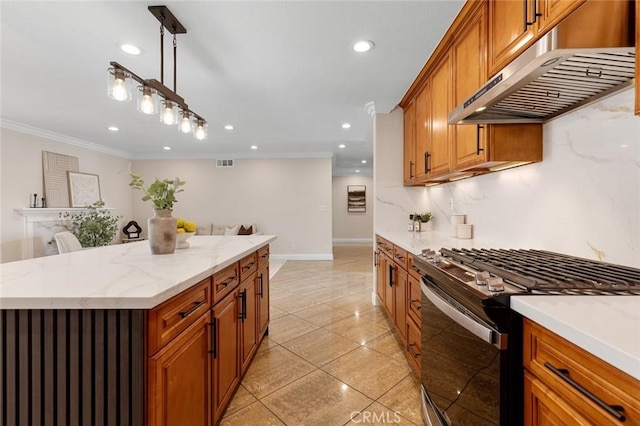 16186 Mount Gist Cir, Fountain Valley, CA 92708 - kitchen with stainless steel range with gas cooktop, under cabinet range hood, ornamental molding, recessed lighting, and brown cabinets
