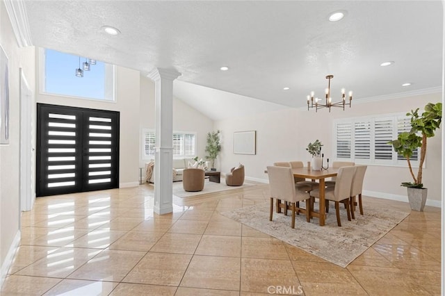 16186 Mount Gist Cir, Fountain Valley, CA 92708 - dining room with a chandelier, decorative columns, recessed lighting, light tile patterned floors, and vaulted ceiling