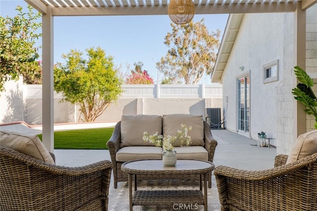 16186 Mount Gist Cir, Fountain Valley, CA 92708 - fenced backyard with a pergola, an outdoor living space, and a patio area