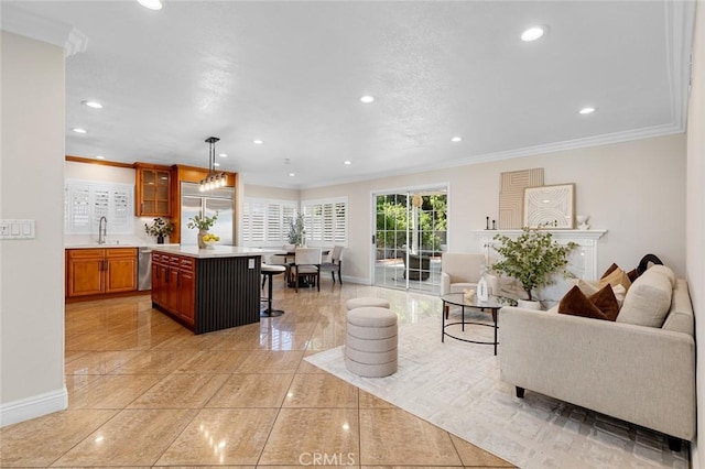 16186 Mount Gist Cir, Fountain Valley, CA 92708 - living room featuring crown molding, recessed lighting, and light tile patterned floors