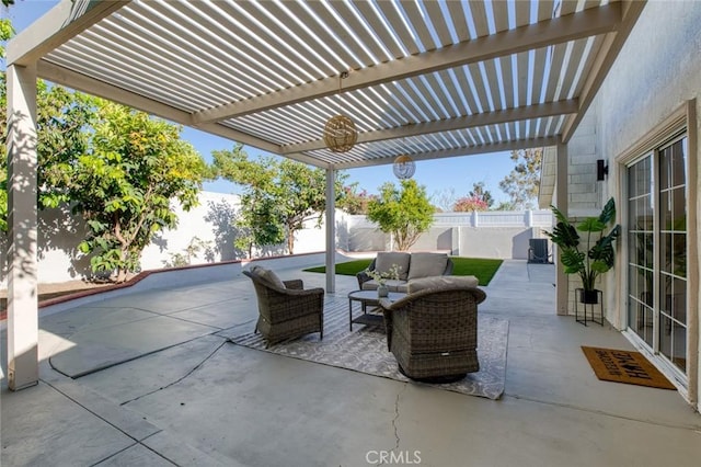 16186 Mount Gist Cir, Fountain Valley, CA 92708 - fenced backyard with an outdoor living space, a pergola, and a patio