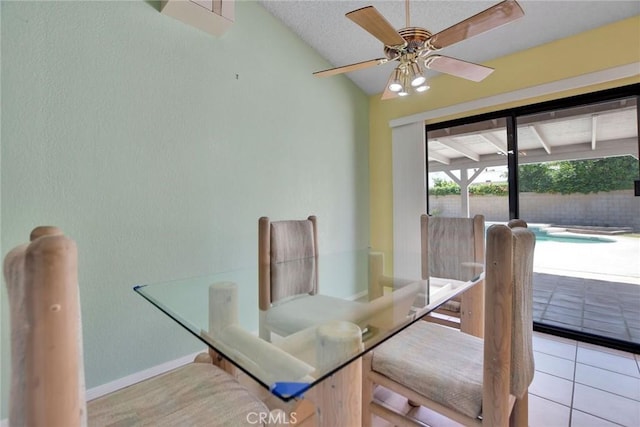 31121 Avenida Ximino, Cathedral City, CA 92234 - tiled dining area featuring lofted ceiling, a ceiling fan, and a textured wall