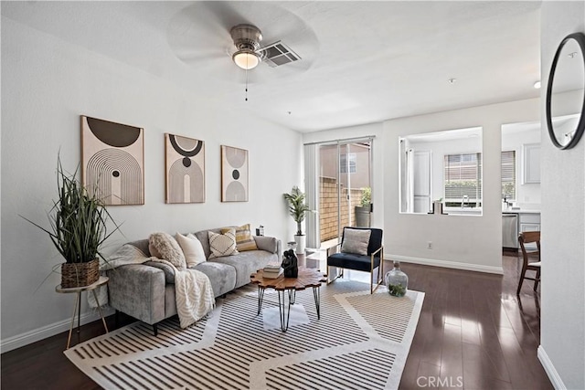 125 Draft Way, Placentia, CA 92870 - living area with ceiling fan and dark wood-style floors