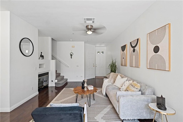 125 Draft Way, Placentia, CA 92870 - living room with stairway, wood finished floors, and a ceiling fan