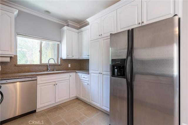 11253 Peach Grove St Unit 106, North Hollywood, CA 91601 - kitchen with stainless steel appliances, light stone finish flooring, white cabinetry, backsplash, and ornamental molding