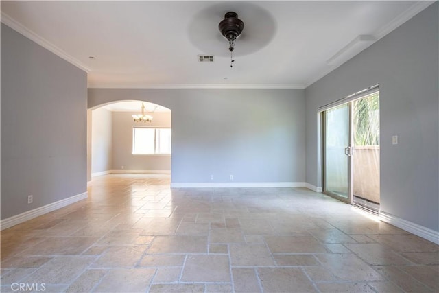 11253 Peach Grove St Unit 106, North Hollywood, CA 91601 - unfurnished room featuring stone tile floors, ceiling fan, healthy amount of natural light, arched walkways, and ornamental molding