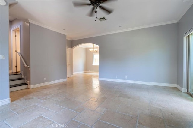 11253 Peach Grove St Unit 106, North Hollywood, CA 91601 - empty room with stone tile flooring, a ceiling fan, crown molding, arched walkways, and stairs