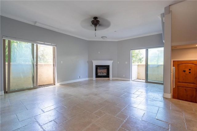 11253 Peach Grove St Unit 106, North Hollywood, CA 91601 - unfurnished living room with stone tile floors, crown molding, ceiling fan, and a glass covered fireplace