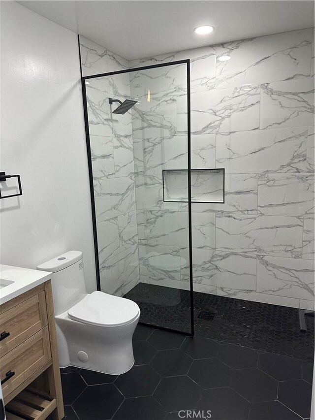 632 Truly Unit 634, Vista, CA 92084 - bathroom with a marble finish shower, vanity, and recessed lighting