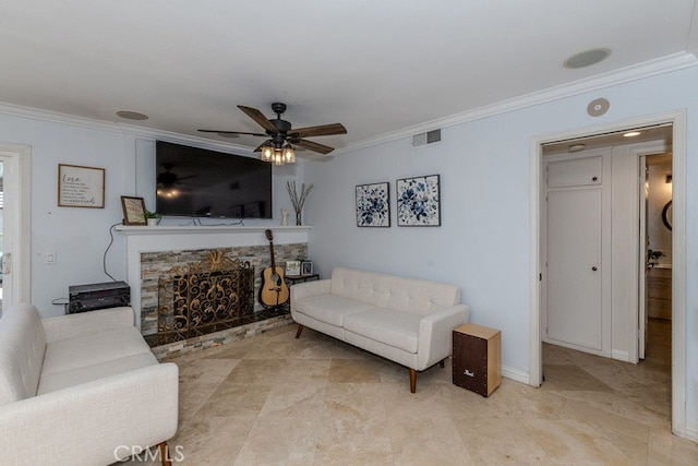 5035 Via Donaldo, Yorba Linda, CA 92886 - living room featuring ornamental molding, ceiling fan, and a fireplace