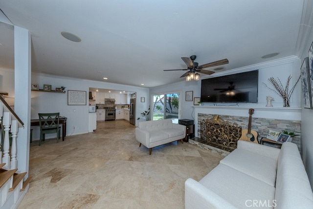 5035 Via Donaldo, Yorba Linda, CA 92886 - living room featuring crown molding, stairway, ceiling fan, a fireplace, and recessed lighting