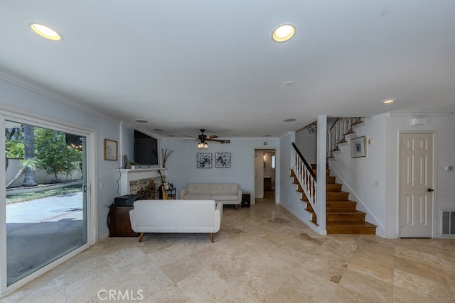 5035 Via Donaldo, Yorba Linda, CA 92886 - living room featuring stairs, crown molding, ceiling fan, recessed lighting, and a fireplace