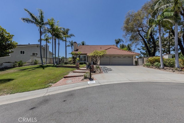 5035 Via Donaldo, Yorba Linda, CA 92886 - view of front of house with an attached garage, a tiled roof, concrete driveway, a chimney, and stucco siding
