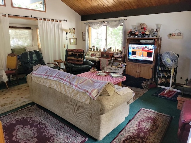 22726 Ponderosa Dr, Crestline, CA 92325 - living area with vaulted ceiling, carpet flooring, and wooden ceiling