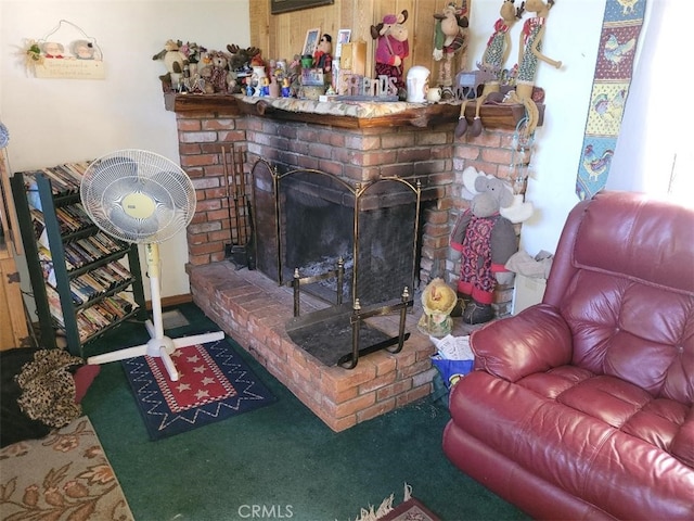 22726 Ponderosa Dr, Crestline, CA 92325 - carpeted living room featuring a fireplace