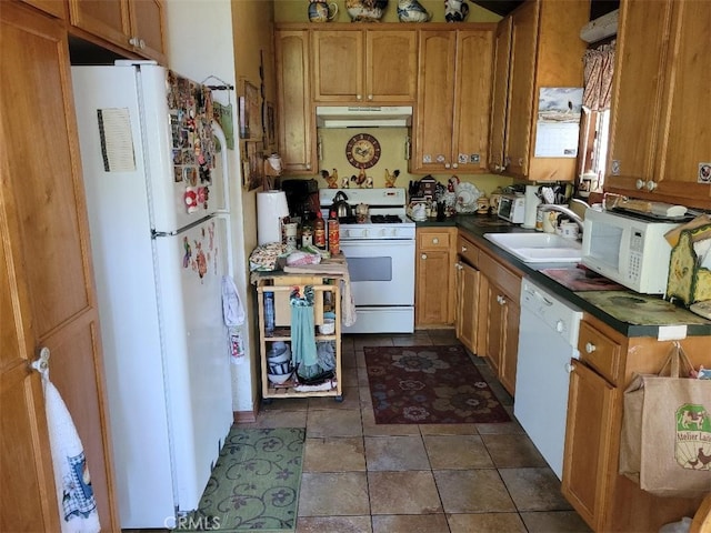 22726 Ponderosa Dr, Crestline, CA 92325 - kitchen featuring white appliances, under cabinet range hood, dark countertops, and brown cabinets