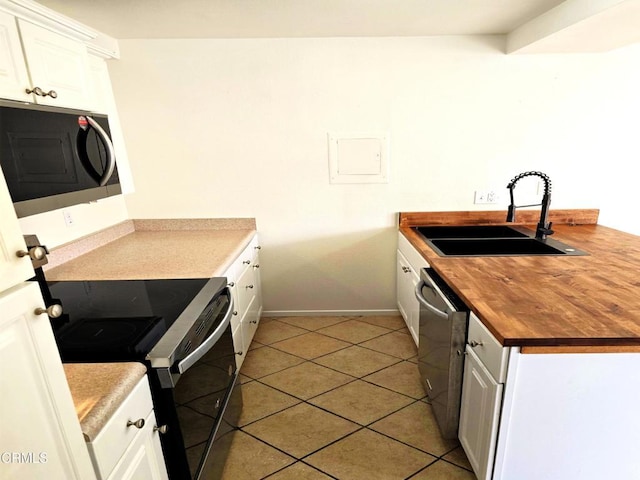 2573 Tiller Ave, Port Hueneme, CA 93041 - kitchen featuring butcher block countertops, electric range oven, dishwasher, and white cabinetry
