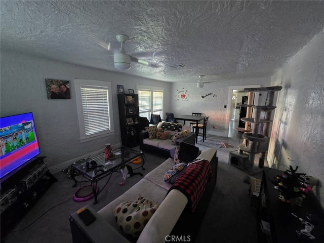 3424 E Cesar E Chavez Ave, Los Angeles, CA 90063 - carpeted living area featuring a textured ceiling, a textured wall, and ceiling fan
