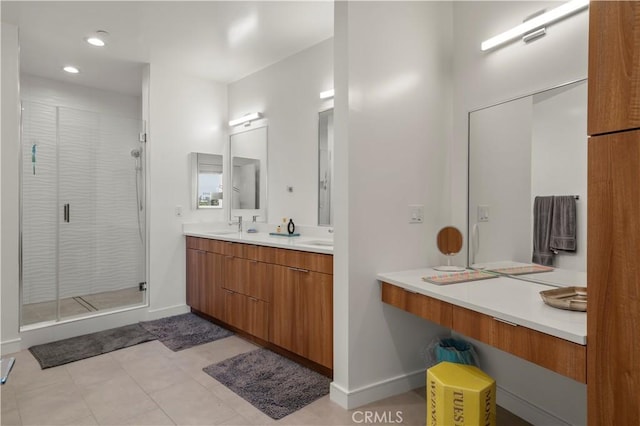 1029 White Knoll Dr, Los Angeles, CA 90012 - bathroom featuring double vanity, a stall shower, and recessed lighting