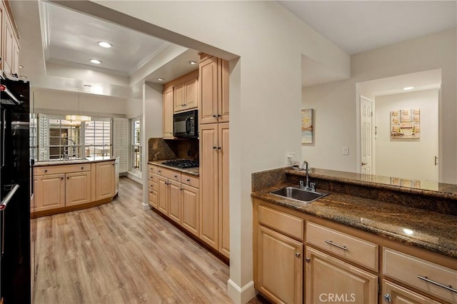 13078 Mindanao Way Unit 211, Marina Del Rey, CA 90292 - kitchen featuring black microwave, light wood-style floors, a tray ceiling, light brown cabinetry, and recessed lighting