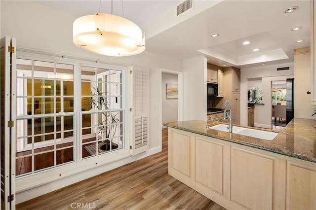 13078 Mindanao Way Unit 211, Marina Del Rey, CA 90292 - kitchen featuring black microwave, a tray ceiling, light wood-type flooring, stone counters, and light brown cabinetry