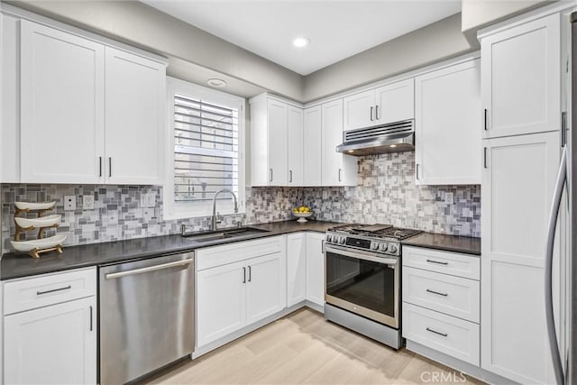29 Hinterland Way, Ladera Ranch, CA 92694 - kitchen with stainless steel appliances, under cabinet range hood, dark countertops, white cabinets, and light wood finished floors