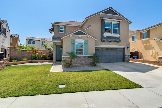 4989 River Ash Way, Fontana, CA 92336 - view of front facade with concrete driveway, stucco siding, a garage, stone siding, and a tile roof