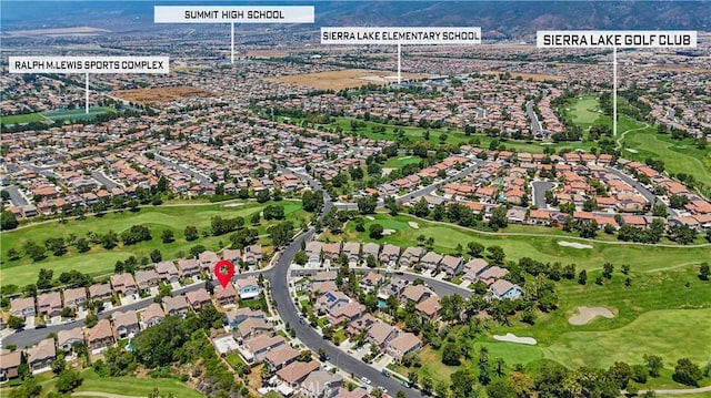 6219 S Kingsmill Ct, Fontana, CA 92336 - aerial view of property's location with a local golf course and nearby suburban area