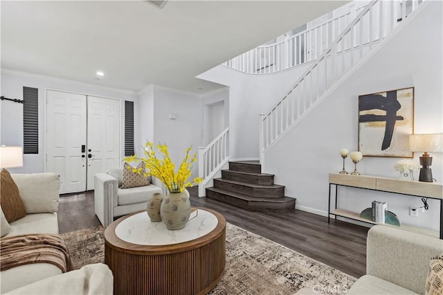 6219 S Kingsmill Ct, Fontana, CA 92336 - living area with stairs, wood finished floors, ornamental molding, and recessed lighting