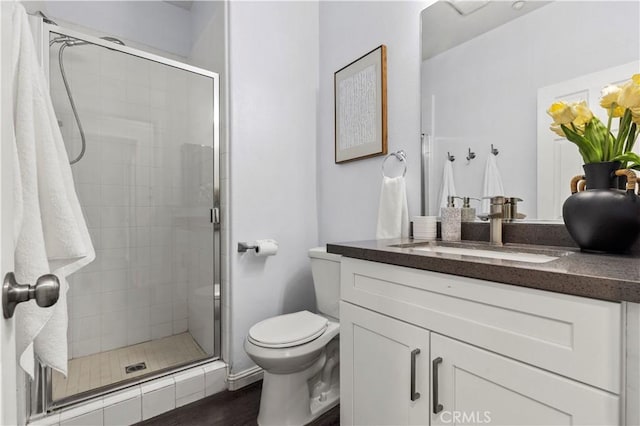 6219 S Kingsmill Ct, Fontana, CA 92336 - full bathroom featuring vanity, a shower stall, and wood finished floors
