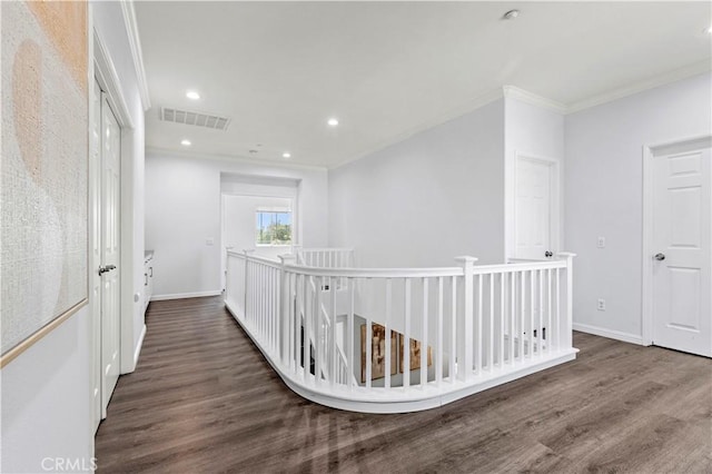 6219 S Kingsmill Ct, Fontana, CA 92336 - hall featuring an upstairs landing, crown molding, wood finished floors, and recessed lighting