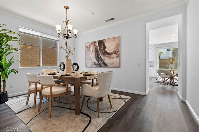 6219 S Kingsmill Ct, Fontana, CA 92336 - dining room featuring a chandelier, wood finished floors, and ornamental molding