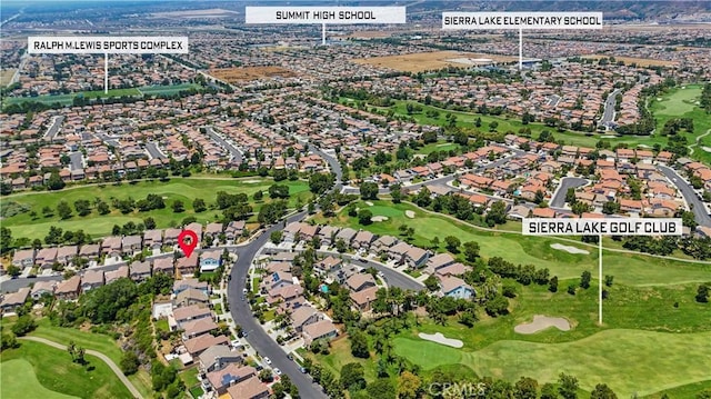 6219 S Kingsmill Ct, Fontana, CA 92336 - aerial overview of property's location featuring a golf course and nearby suburban area