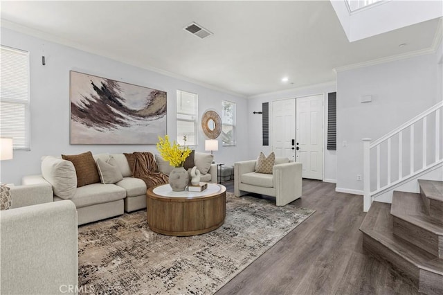 6219 S Kingsmill Ct, Fontana, CA 92336 - living area with stairway, wood finished floors, ornamental molding, a skylight, and recessed lighting