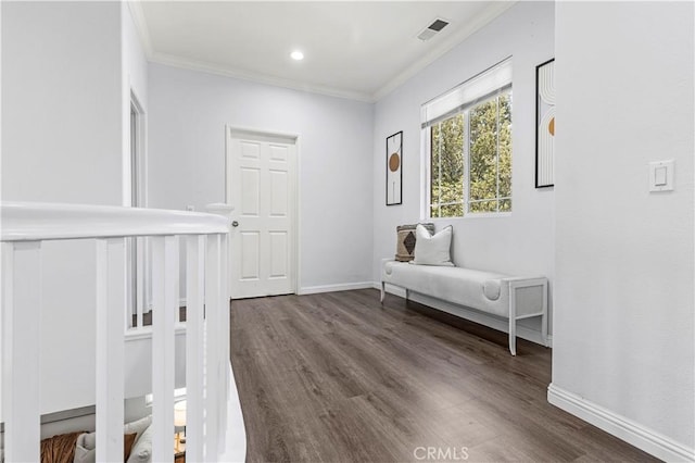 6219 S Kingsmill Ct, Fontana, CA 92336 - corridor featuring crown molding, wood finished floors, and recessed lighting
