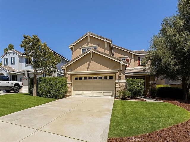6219 S Kingsmill Ct, Fontana, CA 92336 - view of front of property with stone siding, driveway, a front lawn, and stucco siding