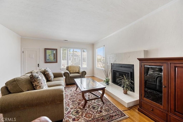 215 S Mason St, Arroyo Grande, CA 93420 - living room featuring light wood finished floors, crown molding, and a fireplace