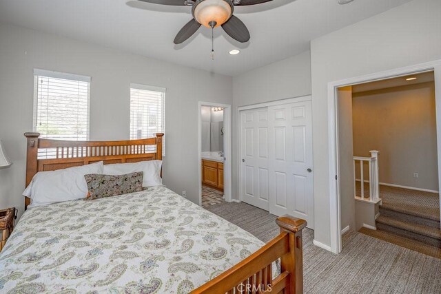 30118 Galbreth Ct, Castaic, CA 91384 - bedroom featuring carpet, a closet, ceiling fan, and connected bathroom