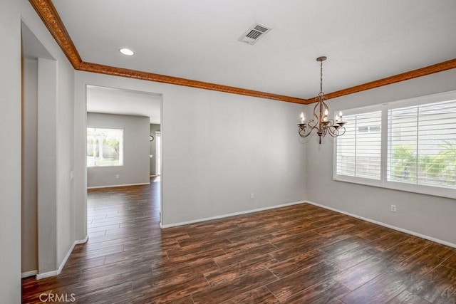 30118 Galbreth Ct, Castaic, CA 91384 - empty room with a chandelier, ornamental molding, dark wood-style flooring, and recessed lighting