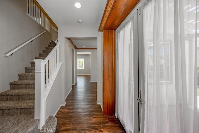 30118 Galbreth Ct, Castaic, CA 91384 - hall featuring dark wood-style floors, stairway, recessed lighting, and ornamental molding